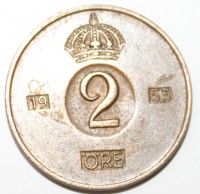 2 эре 1953г. Швеция, состояние VF-XF. - Мир монет