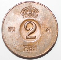 2 эре 1961г. Швеция, состояние XF. - Мир монет