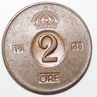 2 эре 1968г. Швеция, состояние VF. - Мир монет