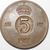 5 эре 1957. Швеция, состояние VF. - Мир монет