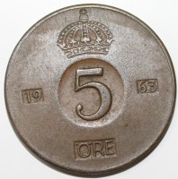 5 эре 1963. Швеция, состояние VF. - Мир монет