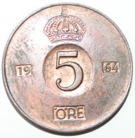 5 эре 1964. Швеция, состояние VF. - Мир монет
