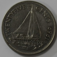 25 центов 1969г. Багамские Острова,  Парусник,  состояние aUNC - Мир монет