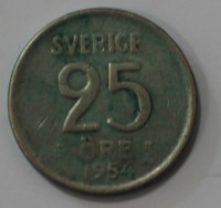 25 эре 1954г.  TS. Швеция, Густав VI, серебро 0,400,вес 2,32 грамма, состояние VF - Мир монет