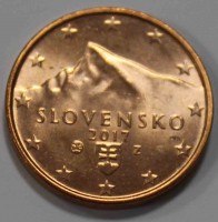 Словакия.  1 евроцент 2017г. из ролла. - Мир монет