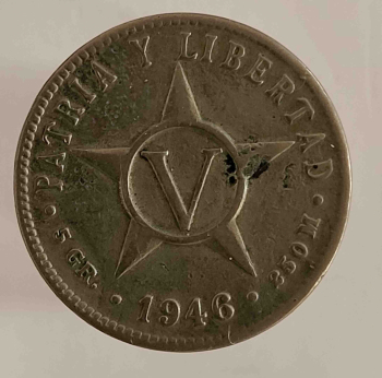 5 сентаво 1946г. Куба.Звезда.Герб , состояние XF - Мир монет