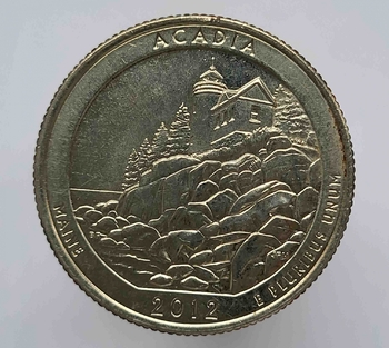 25 центов 2012г. США.  Р . Национальный парк № 13- Акадия. Мэн, состояние UNC.  - Мир монет