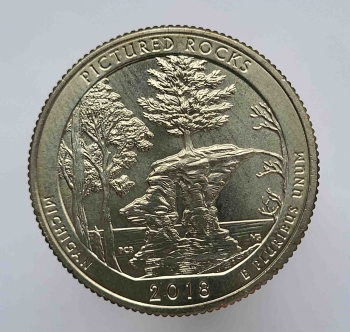 25 центов 2018г. США.  Р .  № 41. Национальные озерные побережья живописных камней. Мичиган, состояние UNC.  - Мир монет