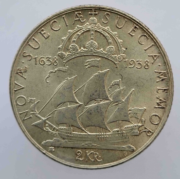 2 кроны 1938г. Швеция. 300 лет поселению Делавэр, серебро 0,835, вес 15 грамм, состояние UNC - Мир монет