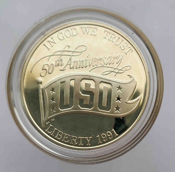 1 доллар 1991г. США. USO-Организация содействия армии ,  серебро 0,900, вес 26,73 грамма. Пруф , подарочная коробка, сертификат подлинности. - Мир монет