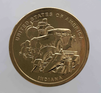 1 доллар 2023г. США.  D. Инновации США.  Индиана.   Автопромышленность. из ролла. - Мир монет