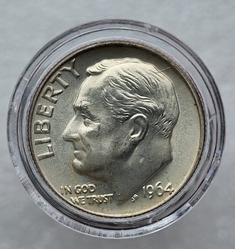 10 центов 1964 г США "Roosevelt Dime".Не была в обращении. Серебро 900 пробы, вес 2,5гр - Мир монет