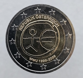 2 евро 2009г. Австрия.  10 лет монетарной политике ЕС и введению евро, из ролла - Мир монет