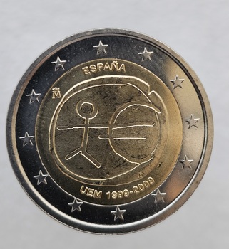 2 евро 2009г. Испания. 10 лет монетарной политике ЕС и введению евро, из ролла. - Мир монет