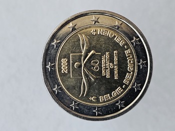 2 евро 2008г. Бельгия.  Декларация прав человека  ,из ролла - Мир монет