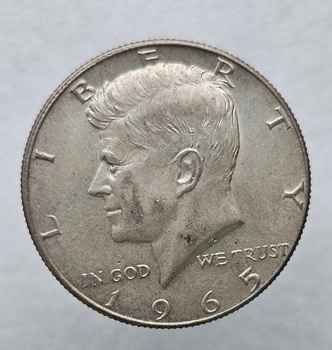США ½ доллара, 1965г. 50 центов Кеннеди, серебро 0.400, вес 11,5г. мешковая. - Мир монет
