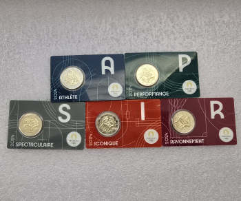 Франция. 2 евро 2024г. Летние Олимпийские игры. Париж 2024, комплект из 5 монет в коинкартах. - Мир монет