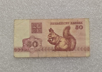 Беларусь.   Банкнота 50 копеек 1992г.  Белочка, ходячка. - Мир монет