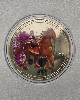 Подарочный жетон  "Год Лошади", серебрение, цветной, UNC, в капсуле. - Мир монет