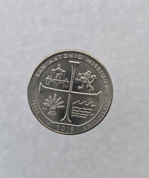 25 центов 2019г. США.  D . Национальный исторический парк № 49-Миссия  Сан-Антонио. Техас, состояние UNC.  - Мир монет