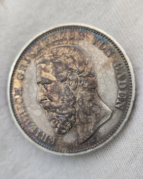 5 марок 1901г. Баден. Германская империя, серебро, красивая цветная патина, монета не была в обращении, подходит для слабирования. - Мир монет