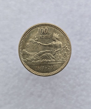 Испания.  100 песет 2001г. Хуан Карлос. 132 года песете. Последний выпуск, мешковая в блеске. - Мир монет