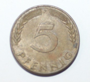 5 пфеннигов 1966г. ФРГ. F,  состояние VF. - Мир монет