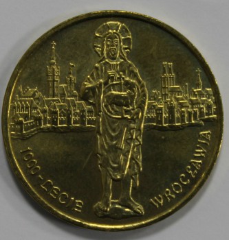 2 злотых  2000г.   1000- летие  Вроцлава, гуртовая надпись, латунь, вес 8,15гр, диаметр 27мм, состояние UNC, тираж 500 тыс.экз. - Мир монет