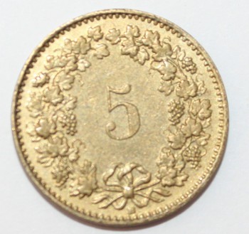 5 раппен 1994г. Швейцария, алюминиевая бронза,состояние VF - Мир монет
