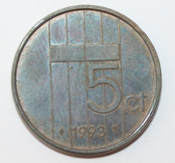 5 центов 1993г. Нидерланды, бронза, состояние VF - Мир монет