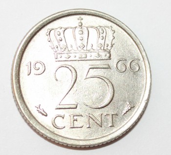 25 центов 1966г. Нидерланды, состояние XF - Мир монет