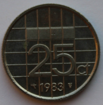 25 центов 1983г. Нидерланды, никель, состояние VF - Мир монет