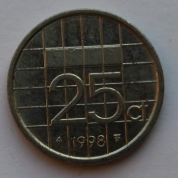 25 центов 1998г. Нидерланды, никель, состояние VF - Мир монет