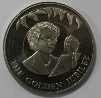 50 пенсов 2002г.   Фолклендские Острова.  Золотой юбилей. Перед микрофоном , никель,  кроновый размер, мешковая. - Мир монет