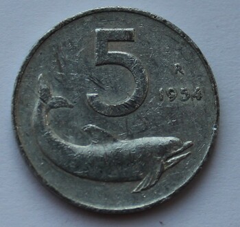 5 лир 1954г. Италия. Дельфин, алюминий, состояние VF - Мир монет