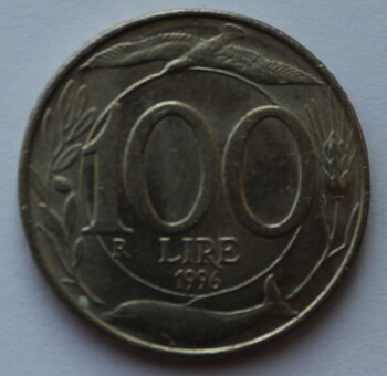 100 лир 1996г. Италия. Флора. Фауна ,Свобода, никель, состояние XF - Мир монет