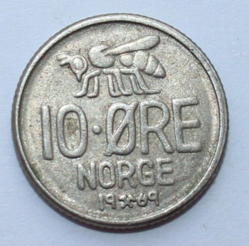 10 эре 1969г. Норвегия, Пчела, никель,состояние VF - Мир монет