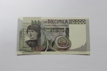 Банкнота  10.000 лир 1976г. Италия. Портрет Т.Джионини Инк, состояние UNC. - Мир монет