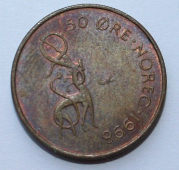 50 эре 1998г. Норвегия, бронза ,состояние VF - Мир монет