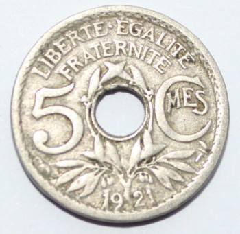 5 сантим 1921г. Франция, никель,состояние VF - Мир монет