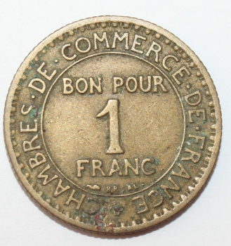 1 франк 1922г. Франция, бронза,  состояние VF+. - Мир монет