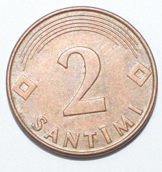 2 сантима 2000г. Латвия, сталь с медным покрытием,состояние ХF+. - Мир монет