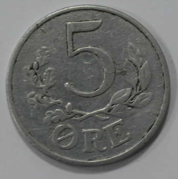 5 эре 1941г. Дания,  оккупация 3-м рейхом, алюминий, состояние VF. - Мир монет