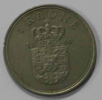 1 крона 1969г. Дания, медно-никелевый сплав ,состояние VF-XF. - Мир монет