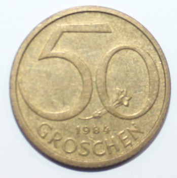 50 грошен 1984г. Австрия, алюминиевая бронза, состояние VF. - Мир монет