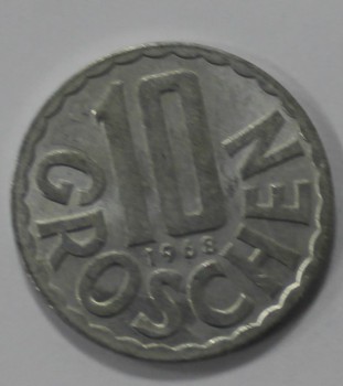 10 грошен 1968г. Австрия, алюминий, состояние XF. - Мир монет