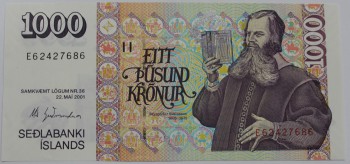 Банкнота  1000 крон 2001 Исландия. Церковь, состояние UNC. - Мир монет