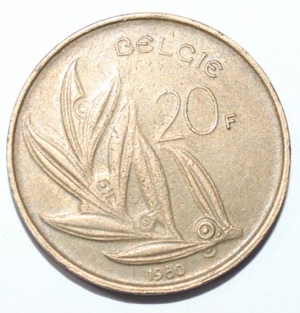 20 франков 1980г. Бельгия, бронза, состояние VF - Мир монет