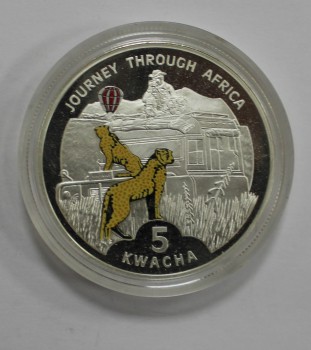 5 квача 2006г. Малави. Леопард, серебро 925 пробы,вес 28,28гр, пруф, монета цветная. - Мир монет