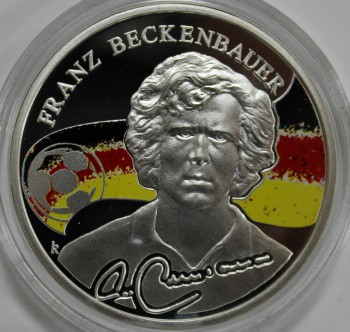  100 драм 2009г. Армения.   Франц Беккенбауэр, серебро 0,925 ,вес 28,28гр,  пруф, цветная. - Мир монет